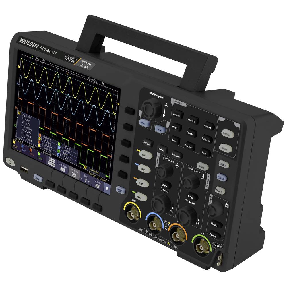 Image of VOLTCRAFT DSO-6204F Digital 200 MHz 4-channel 1 GS/s 10000 KP 8 Bit Digital storage (DSO) Function generator 1 pc(s)