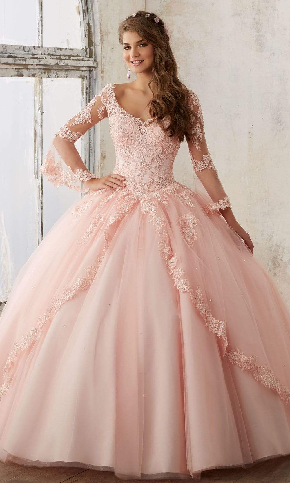 Image of Vizcaya by Mori Lee - 60015 Sheer Bell Sleeve Embroidered Ballgown